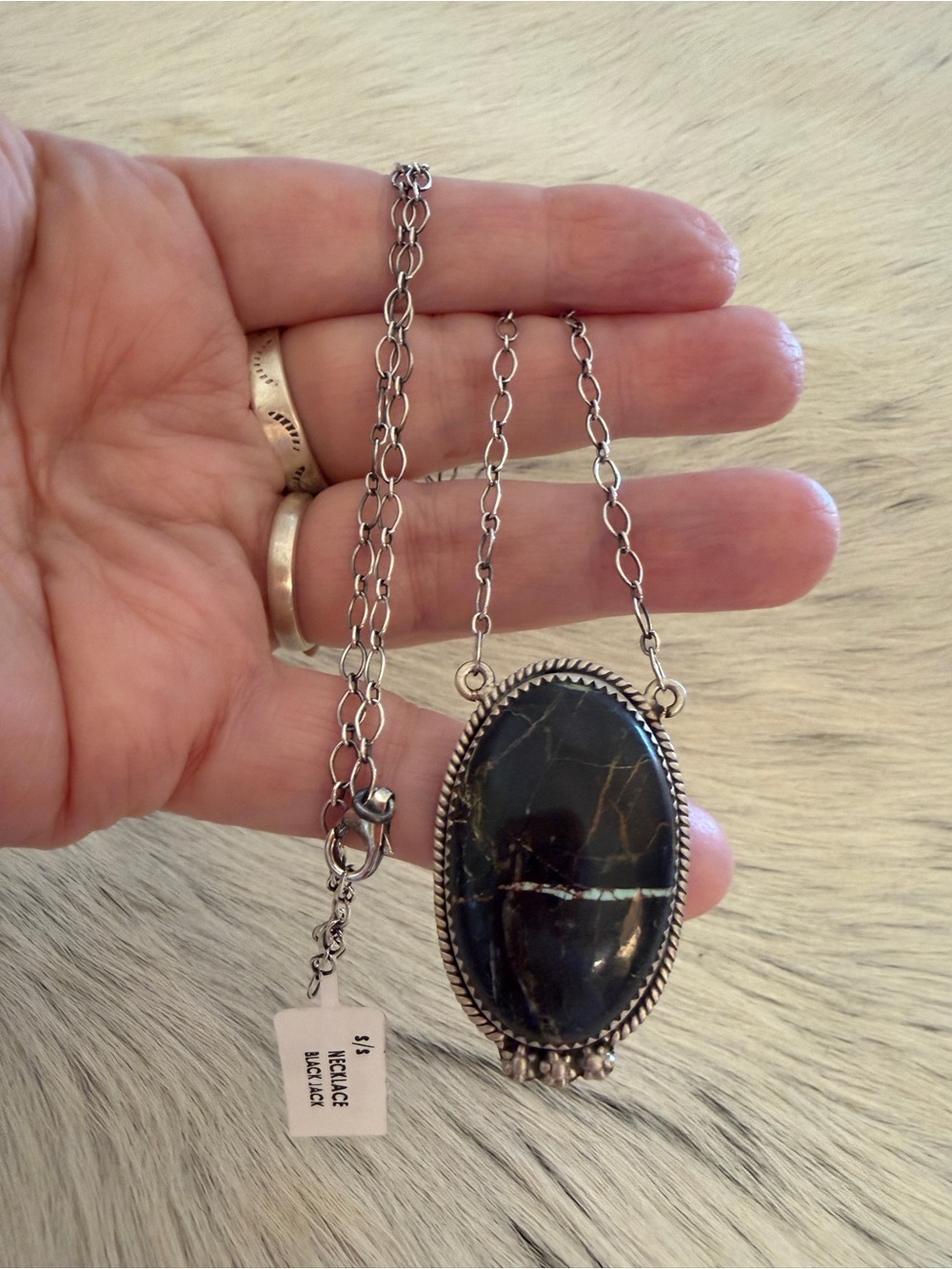 ❤️ Premium Black Jack Turquoise Lightning Brushed Sterling 925 ADJ Necklace 16g - Picture 12 of 15